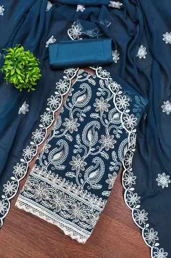 blue georgette embroidered unstitched dressmaterials 3 pair top bottom dupptaa