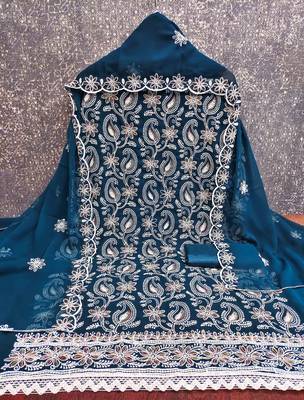 Blue georette  embroidered unstitched dressmaterials 3 pair top bottom dupptaa 2