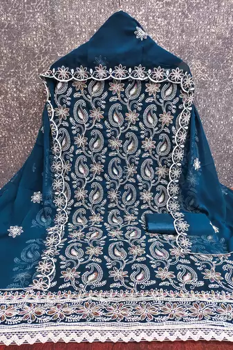 blue georgette embroidered unstitched dressmaterials 3 pair top bottom dupptaa