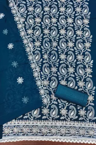 blue georgette embroidered unstitched dressmaterials 3 pair top bottom dupptaa