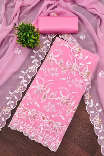 pink georgette embroidered unstitched dressmaterials 3 pair top bottom dupptaa