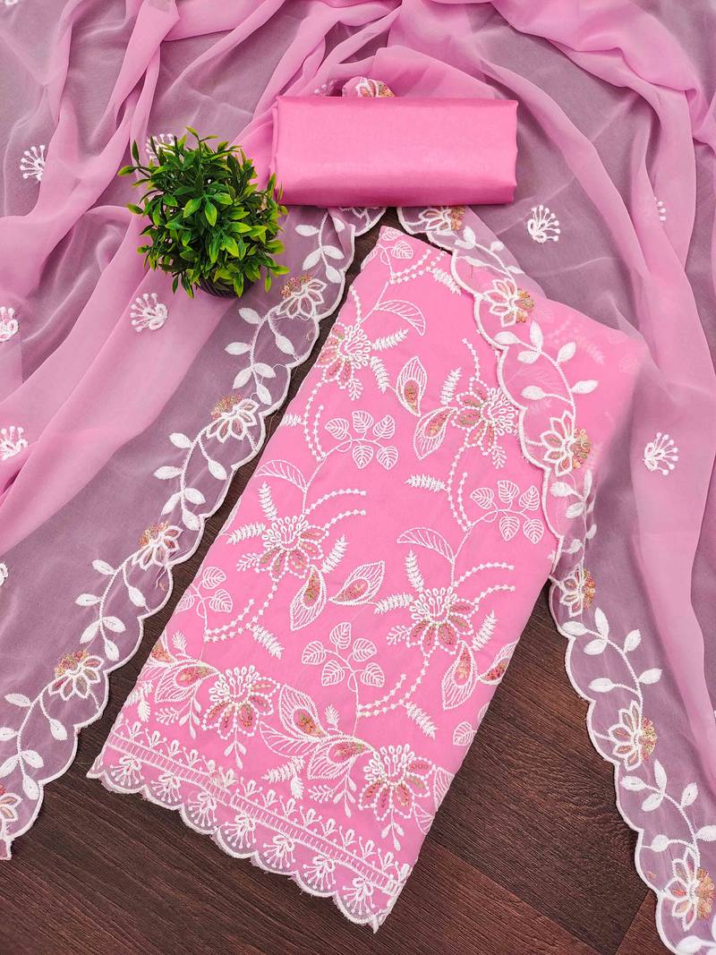 Pink georette  embroidered unstitched dressmaterials 3 pair top bottom dupptaa