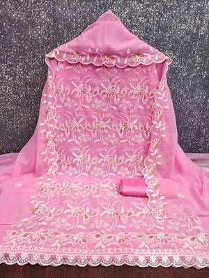 Pink georette  embroidered unstitched dressmaterials 3 pair top bottom dupptaa 2