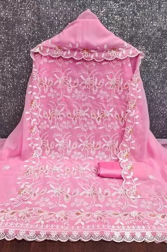 pink georgette embroidered unstitched dressmaterials 3 pair top bottom dupptaa