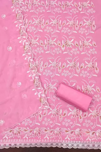 pink georgette embroidered unstitched dressmaterials 3 pair top bottom dupptaa
