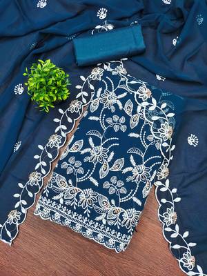 Blue georette  embroidered unstitched dressmaterials 3 pair top bottom dupptaa 1