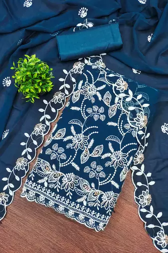 blue georgette embroidered unstitched dressmaterials 3 pair top bottom dupptaa