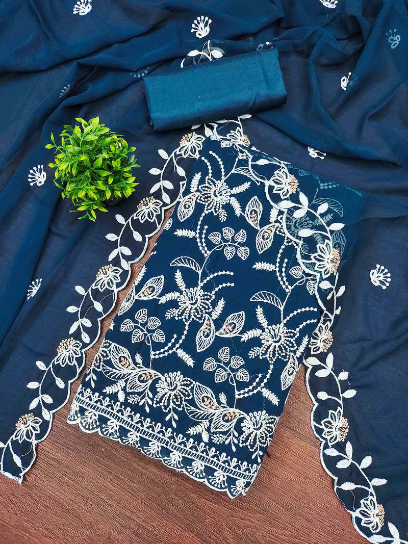 Blue georette  embroidered unstitched dressmaterials 3 pair top bottom dupptaa