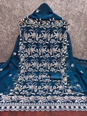 Blue georette  embroidered unstitched dressmaterials 3 pair top bottom dupptaa 2
