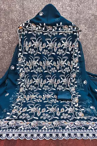 blue georgette embroidered unstitched dressmaterials 3 pair top bottom dupptaa