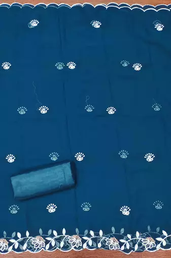 blue georgette embroidered unstitched dressmaterials 3 pair top bottom dupptaa