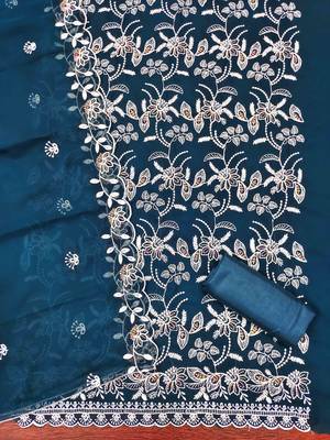 Blue georette  embroidered unstitched dressmaterials 3 pair top bottom dupptaa 4
