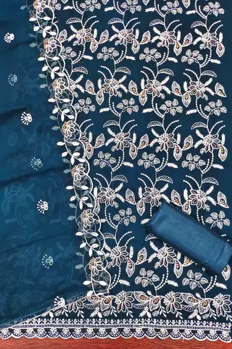blue georgette embroidered unstitched dressmaterials 3 pair top bottom dupptaa