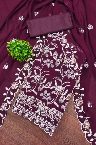 purple georgette embroidered unstitched dressmaterials 3 pair top bottom dupptaa