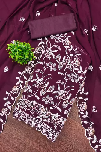 purple georgette embroidered unstitched dressmaterials 3 pair top bottom dupptaa