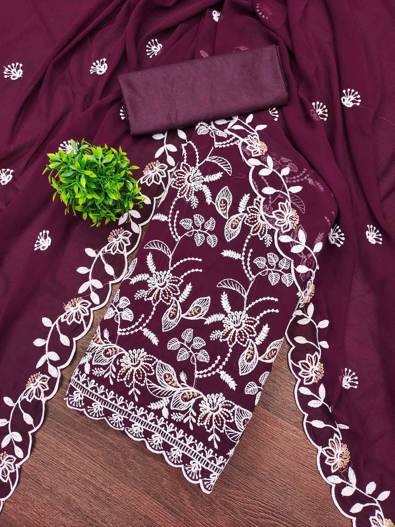 Purple georette  embroidered unstitched dressmaterials 3 pair top bottom dupptaa