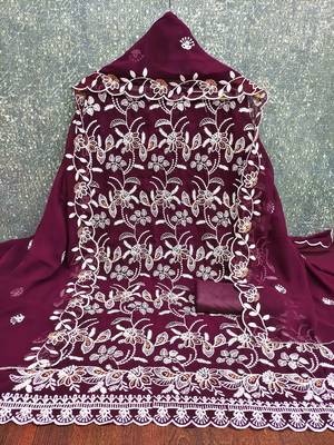 Purple georette  embroidered unstitched dressmaterials 3 pair top bottom dupptaa 2