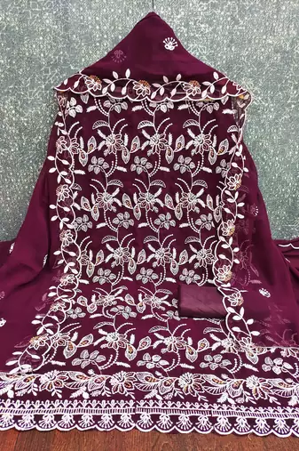 purple georgette embroidered unstitched dressmaterials 3 pair top bottom dupptaa