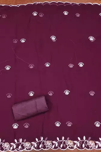 purple georgette embroidered unstitched dressmaterials 3 pair top bottom dupptaa