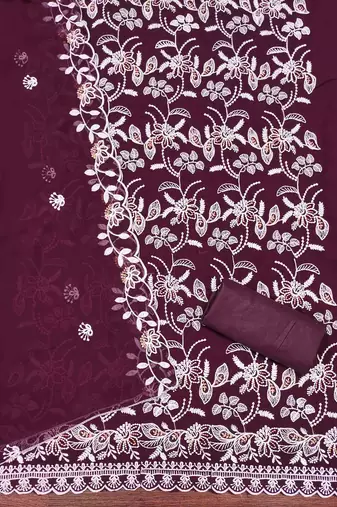 purple georgette embroidered unstitched dressmaterials 3 pair top bottom dupptaa
