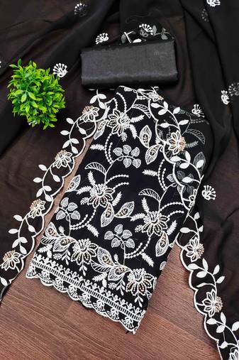 black georgette embroidered unstitched dressmaterials 3 pair top bottom dupptaa