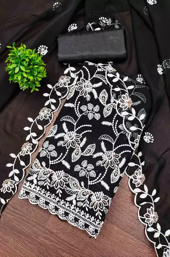 black georgette embroidered unstitched dressmaterials 3 pair top bottom dupptaa