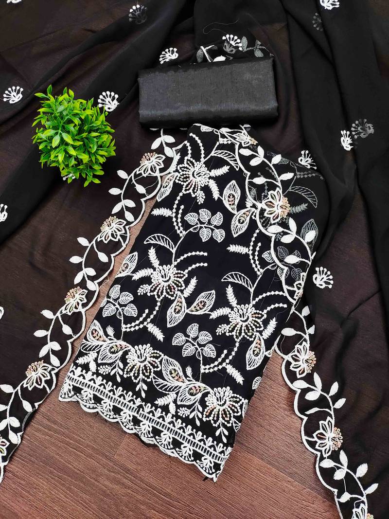 Black georette  embroidered unstitched dressmaterials 3 pair top bottom dupptaa