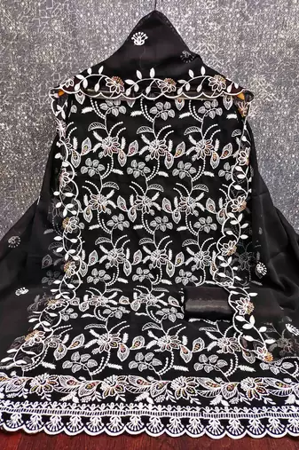 black georgette embroidered unstitched dressmaterials 3 pair top bottom dupptaa