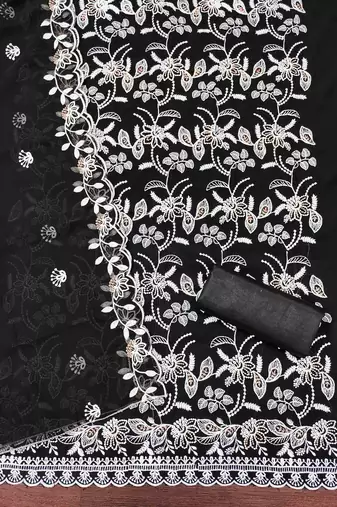 black georgette embroidered unstitched dressmaterials 3 pair top bottom dupptaa