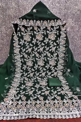 green georgette embroidered unstitched dressmaterials 3 pair top bottom dupptaa
