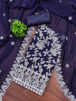 Blue georette  embroidered unstitched dressmaterials 3 pair top bottom dupptaa 1