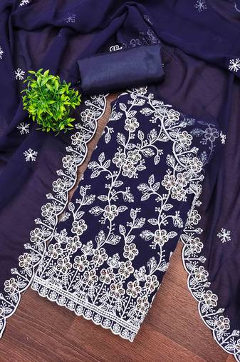 blue georgette embroidered unstitched dressmaterials 3 pair top bottom dupptaa