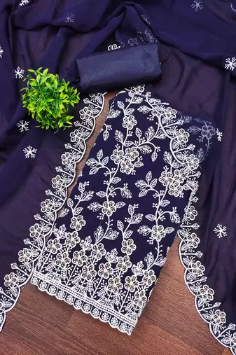 blue georgette embroidered unstitched dressmaterials 3 pair top bottom dupptaa