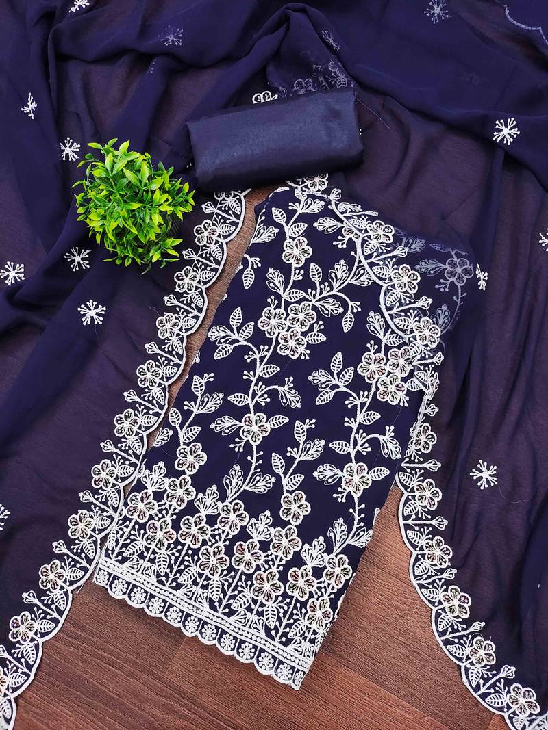 Blue georette  embroidered unstitched dressmaterials 3 pair top bottom dupptaa