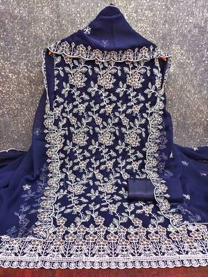 Blue georette  embroidered unstitched dressmaterials 3 pair top bottom dupptaa 2