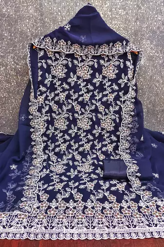 blue georgette embroidered unstitched dressmaterials 3 pair top bottom dupptaa