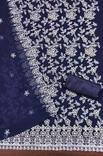 blue georgette embroidered unstitched dressmaterials 3 pair top bottom dupptaa