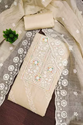 Cream chanderi embroidered unstitched dressmaterials 3 pair top bottom dupptaa