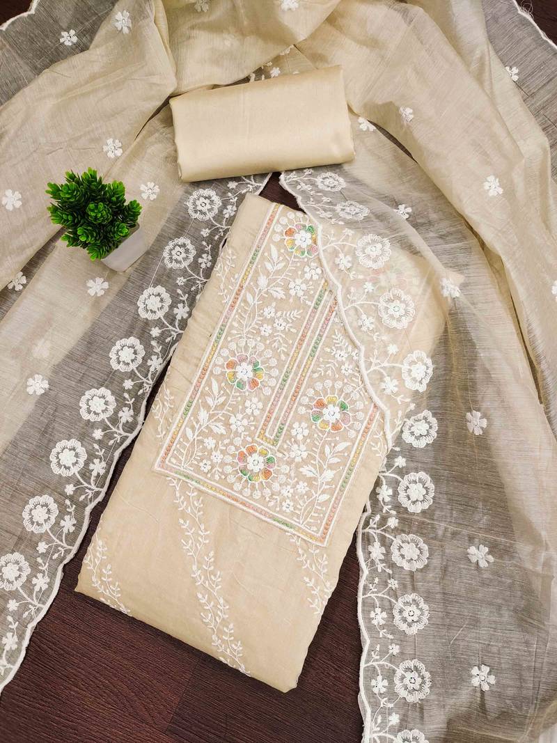 Cream chanderi embroidered unstitched dressmaterials 3 pair top bottom dupptaa