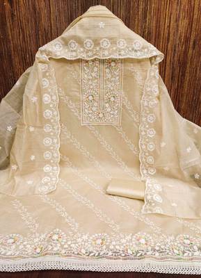 Cream chanderi embroidered unstitched dressmaterials 3 pair top bottom dupptaa 2