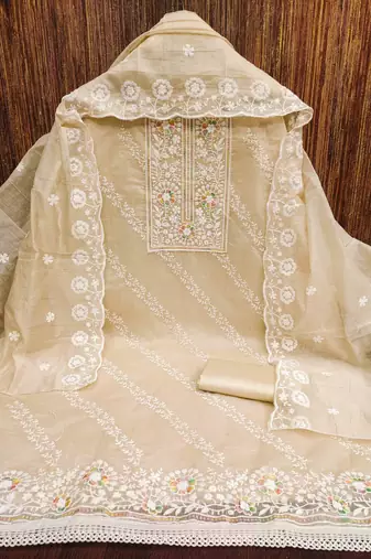 Cream chanderi embroidered unstitched dressmaterials 3 pair top bottom dupptaa