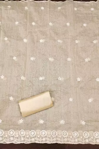 Cream chanderi embroidered unstitched dressmaterials 3 pair top bottom dupptaa