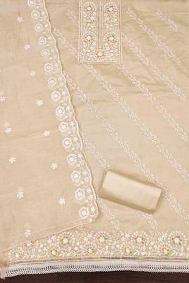 Cream chanderi embroidered unstitched dressmaterials 3 pair top bottom dupptaa 4