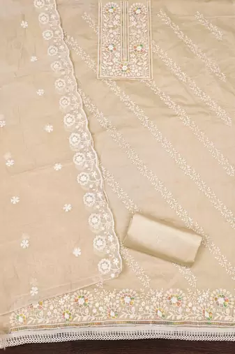 Cream chanderi embroidered unstitched dressmaterials 3 pair top bottom dupptaa