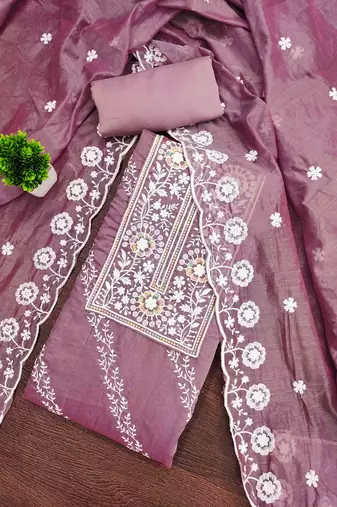 Lavender chanderi embroidered unstitched dressmaterials 3 pair top bottom dupptaa