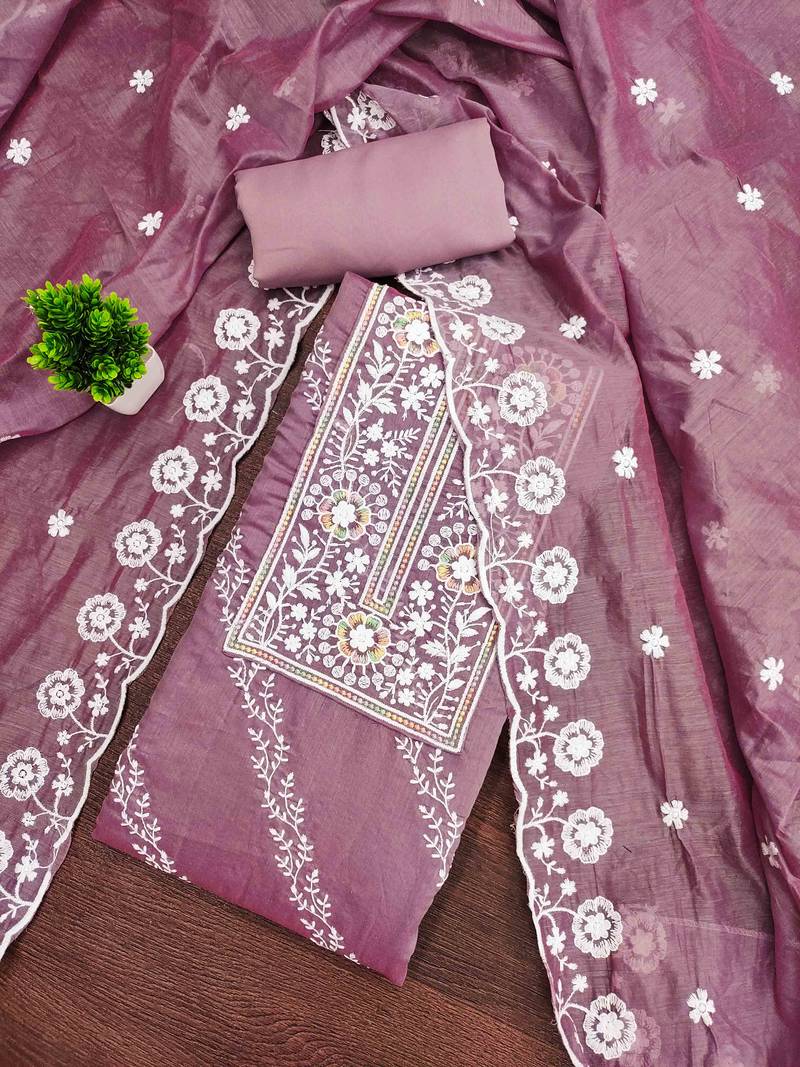 Lavender chanderi embroidered unstitched dressmaterials 3 pair top bottom dupptaa