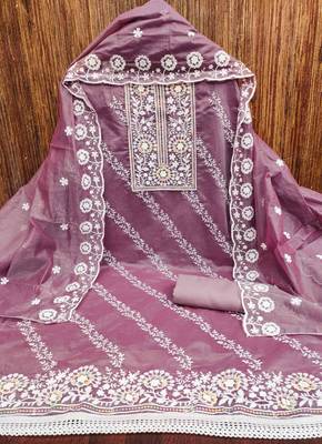 Lavender chanderi embroidered unstitched dressmaterials 3 pair top bottom dupptaa 2