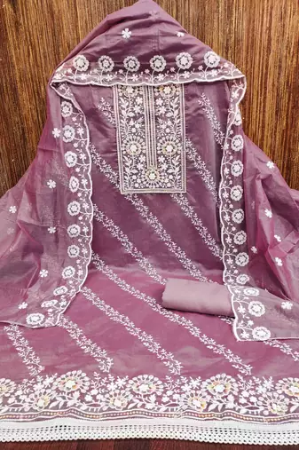 Lavender chanderi embroidered unstitched dressmaterials 3 pair top bottom dupptaa