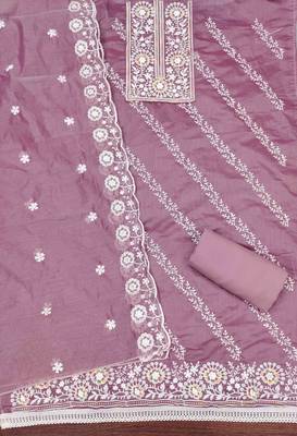 Lavender chanderi embroidered unstitched dressmaterials 3 pair top bottom dupptaa 4
