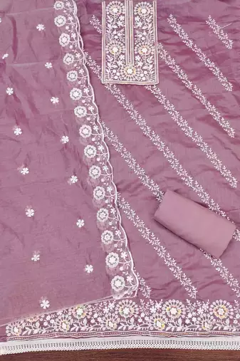 Lavender chanderi embroidered unstitched dressmaterials 3 pair top bottom dupptaa